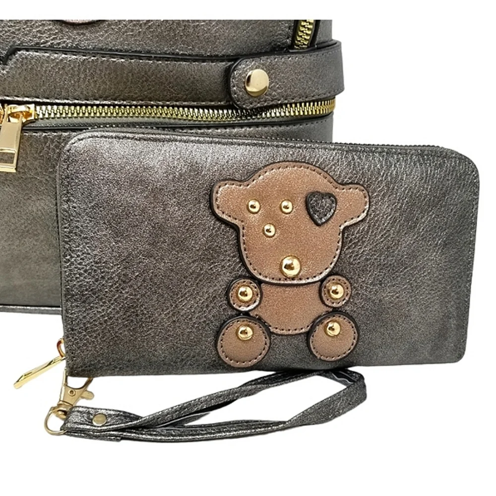 Metallic Pewter Bear Backpack and wallet set